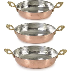 Üçiü Set Farklı Ölçülerde Içi Kalaylı Bakır Sahan Seti Çift Kulplu Omlet Yumurta Tavası 3 Lü Değişik Ölçülerde Dövme 14-16-18 cm