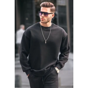Siyah Bisiklet Yaka Oversize Şardonlu Basic Erkek Sweatshirt 6048