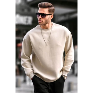 Bej Bisiklet Yaka Oversize Şardonlu Basic Erkek Sweatshirt 6048