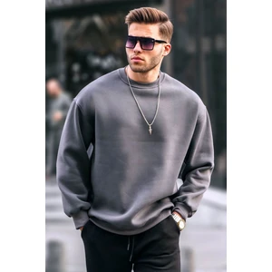Füme Bisiklet Yaka Oversize Şardonlu Basic Erkek Sweatshirt 6048