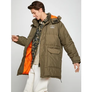 Kapşonlu Şişme Mont Anorak Cep Detaylı Fermuarlı Slogan Baskılı