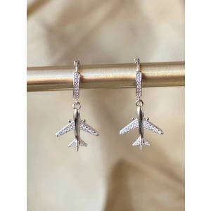 Alaja Silver Uçak Beyaz Taşlı Parlak Tasarım 925 Ayar Gümüş Küpe