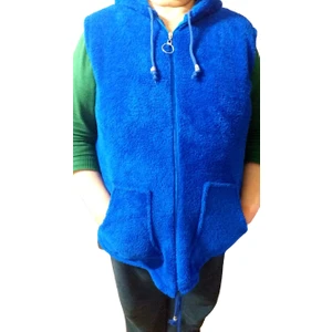 Kadın Mavi Kapüşonlu Büyük Beden Cepli Peluş Yelek