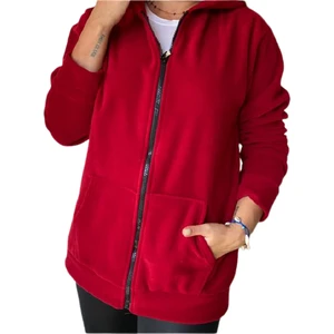 Kadın Kırmızı Fermuarlı Kapüşonlu Cepli Polar Mont