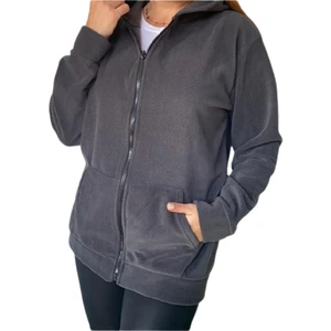 Kadın Gri Fermuarlı Kapüşonlu Cepli Polar Mont