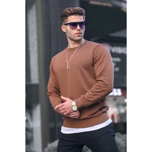 Kahverengi Basic Bisiklet Yaka Erkek Sweatshirt 6047