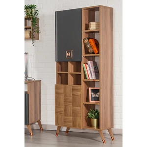 ModaLife Retro Kitaplık Dekoratif 9 Raflı 2 Kapaklı Suntalam Kitaplık - Ceviz / Koyu Lacivert
