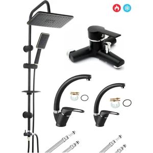 On2 Armatür Siyah Robot Tepe Yağmurlama Banyo Mutfak Lavabo Bataryası 4'lü Set