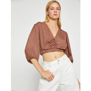 Crop Bluz V Yaka Balon Kollu