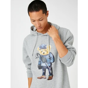 Basic Kapşonlu Sweatshirt Şardonlu Ayı Baskılı Uzun Kollu