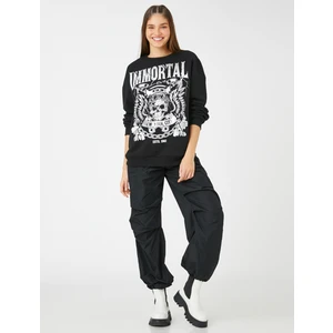 Slogan Baskılı Sweatshirt Uzun Kollu Bisiklet Yaka
