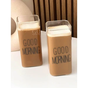 Isıya Dayanıklı Borosilikat Dikdörtgen Bardak | Kahve Bardağı | Good Mornıng 400 ml | 2 Adet