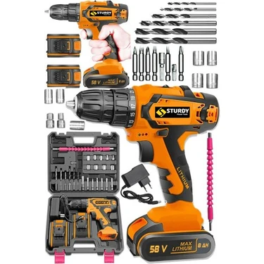 STURDY Alman Technology 128 Fv 12 AH Bakır Sargılı Quick Power 2 Akülü Şarjlı Matkap 24 Pcs Set