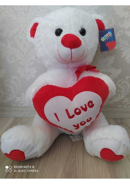 Kalp Tutan 50 cm Beyaz Peluş Ayıcık
