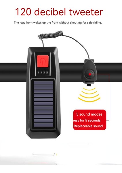 Güneş Enerjisi ve USB Şarj T6 LED 2000 Mah Su Geçirmez Bisiklet El Feneri Korna (Yurt Dışından)