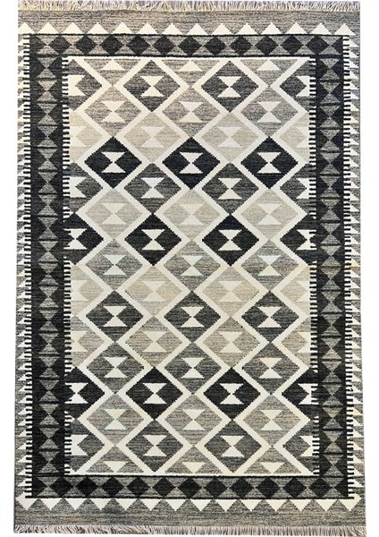 Cotton 564 Etnik Eskitme Desenli Füme Beyaz Dokuma Taban Kilim