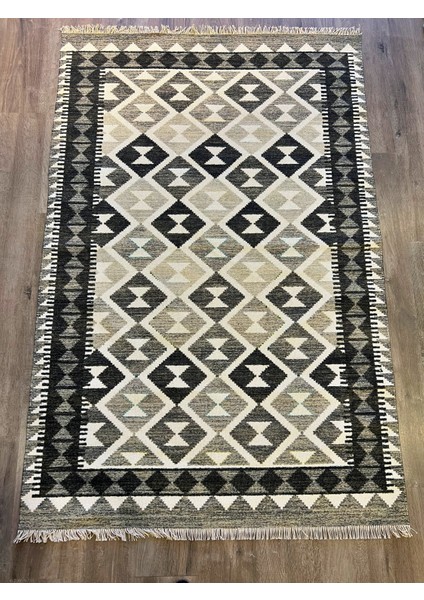 Cotton 564 Etnik Eskitme Desenli Füme Beyaz Dokuma Taban Kilim