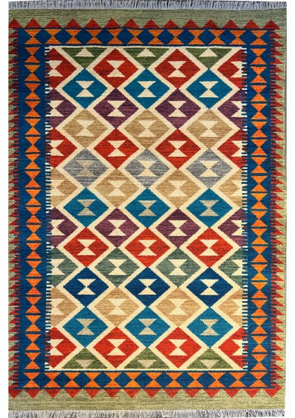 Cotton 561 Etnik Eskitme Desenli Dokuma Taban Çok Renkli Kilim