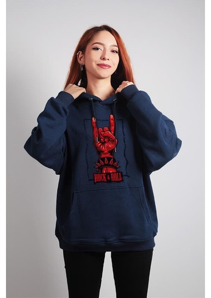 Oversize Hoodie Rock And Roll Themed Navy Blue