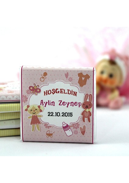 Hoşgeldin Kız Bebek Çikolatası Isim ve Tarih Yazılabilen Hediye Çikolata KBK17 72 Adet