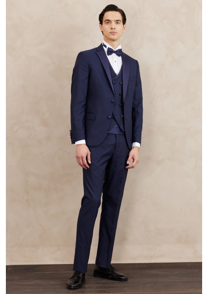 ALTINYILDIZ CLASSICS Erkek Lacivert Slim Fit Dar Kesim Mono Yaka Desenli Yelekli Smokin Takım