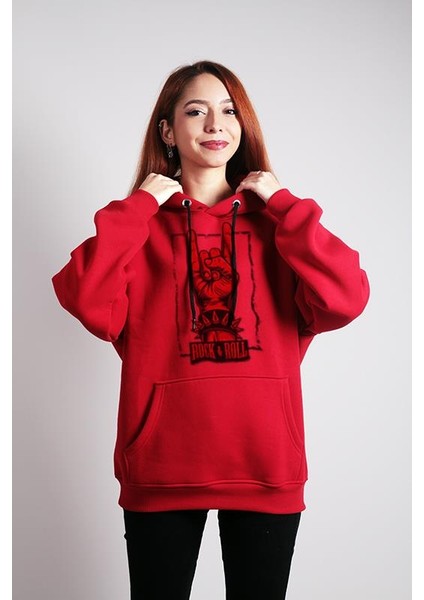 Oversize Hoodie Rock And Roll Themed Red