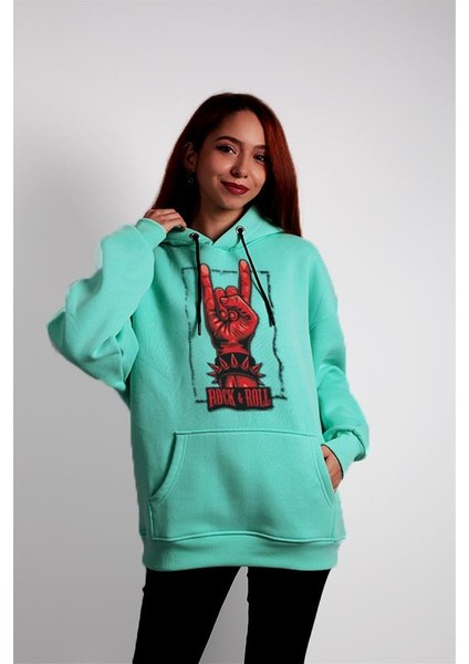 Oversize Hoodie Rock And Roll Themed Turquoise