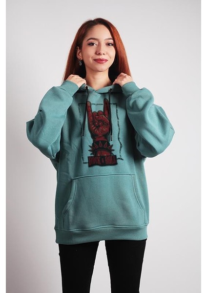 Oversize Hoodie Rock And Roll Themed Mint Green