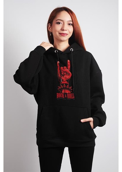 Oversize Hoodie Rock And Roll Themed Black
