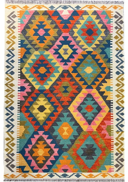 Cotton 562 Etnik Eskitme Desenli Pastel Tonlarda Dokuma Taban Kilim