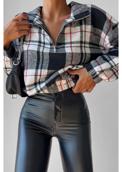 Fermuarlı Dik Yaka Ekose Desen Sweat