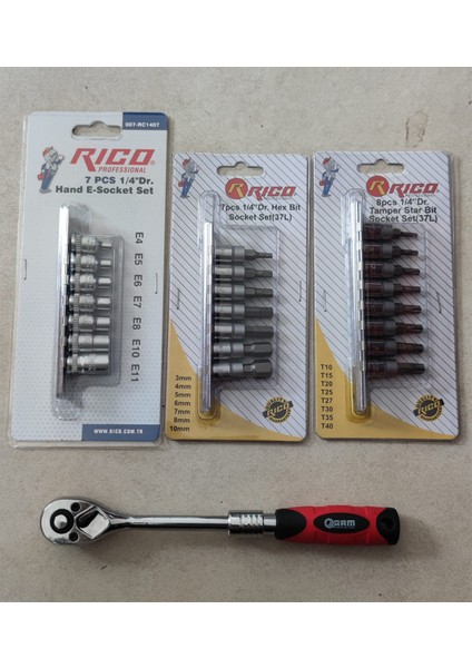 1/4 Uzatmalı Lokma Cırcır Kolu ve Rico 1/4 Lokmalı Torx Allen E Lokma Bits Takımı Seti