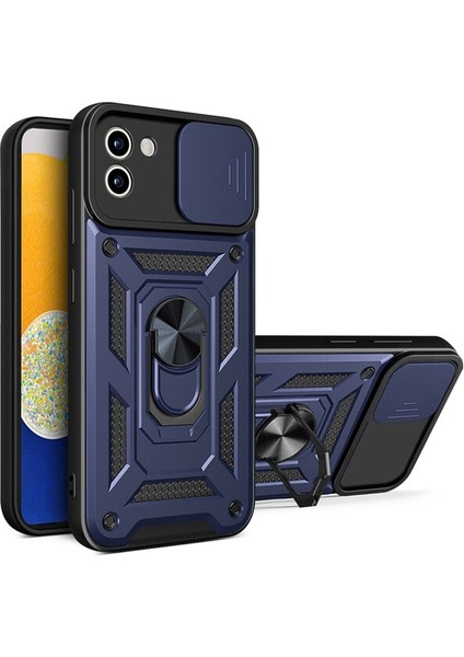 Samsung Galaxy A03 Kılıf Sert Silikon Tank Aramid Sürgülü Vega Yüzüklü Lacivert