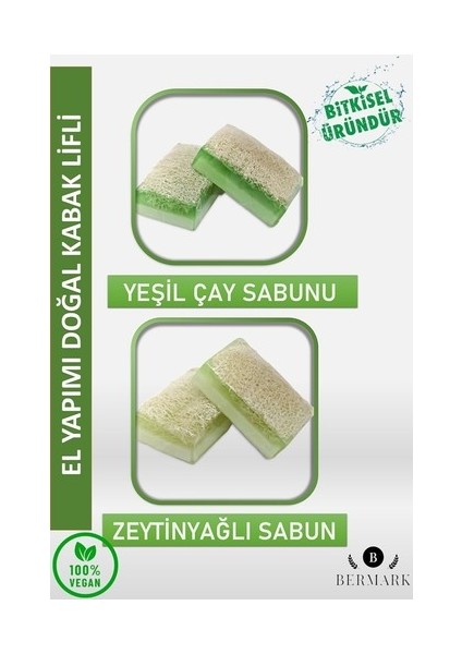 El Yapımı Doğal Kabak Lifli Gliserinli Yeşil Çay& Zeytinyağlı Sabun 240 gr 2'li Set