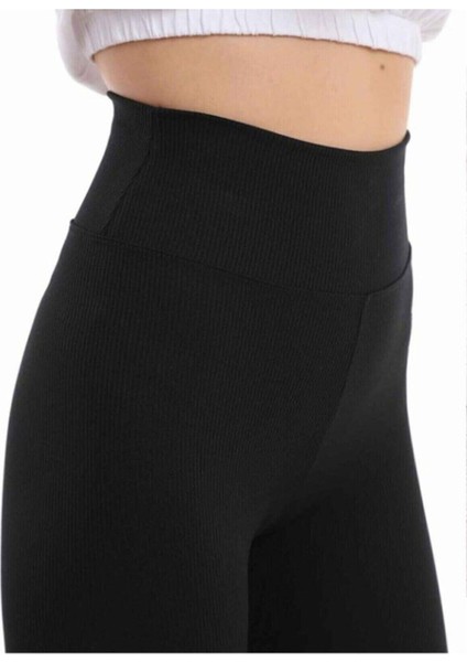 Kadın Siyah Yüksek Bel Dikişsiz Fitilli Tayt fiyatları