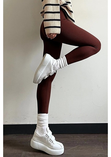 Kadın Bordo Yüksek Bel Dikişsiz Fitilli Tayt