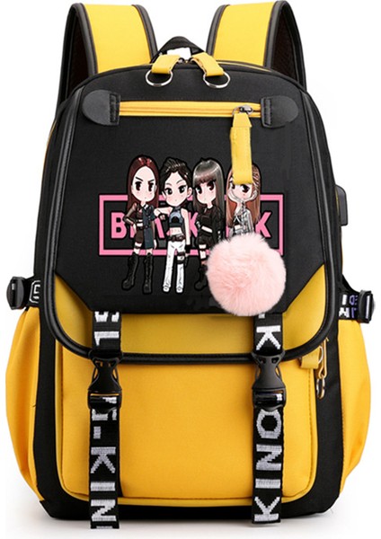 Gshopper Blackpink Temalı USB Şarjlı Sırt Çantası - Siyah / Sarı (Yurt Dışından)