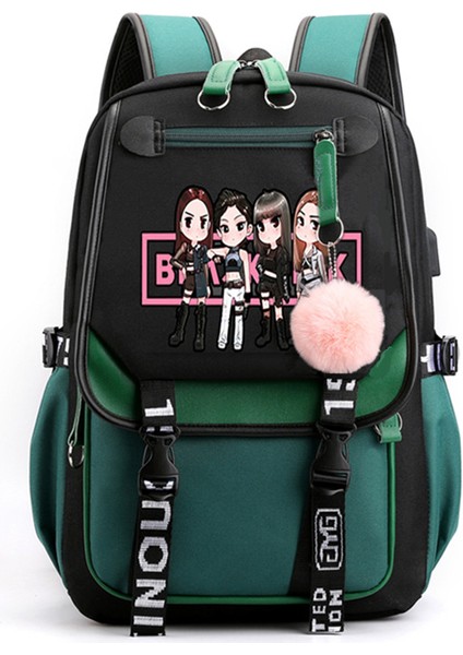 Gshopper Blackpink Temalı USB Şarjlı Sırt Çantası - Koyu Yeşil (Yurt Dışından)