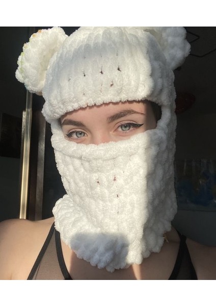 Şık Beyaz Puffy Kar Maskesi, Yumuşacık, Bere ve Boyunluk Tasarım, Şapka, Kış, Bere