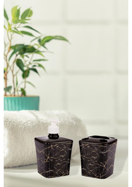 2'li Mermer Desen Set Sıvı Sabunluk Diş Fırçalık Banyo Sabunluk