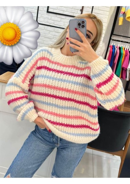 22436389 Triko Renkli Kazak Ekru Mavı