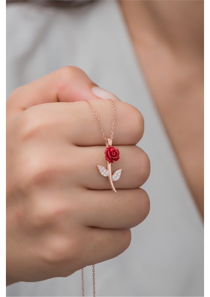 925 Ayar Gümüş Rose Zirkon Taşlı Gül Kolye