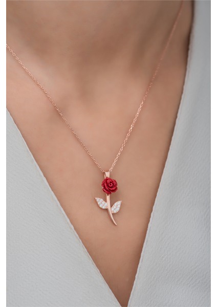 925 Ayar Gümüş Rose Zirkon Taşlı Gül Kolye fiyatları