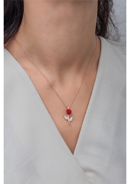 925 Ayar Gümüş Rose Zirkon Taşlı Gül Kolye modelleri