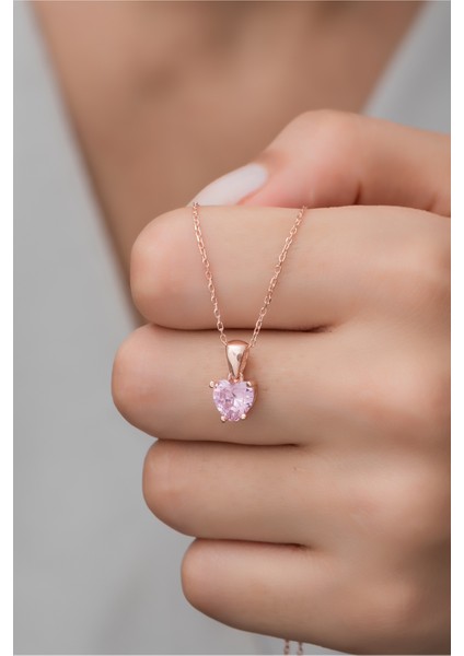 925 Ayar Gümüş Pembe Taşlı Kalp Kolye