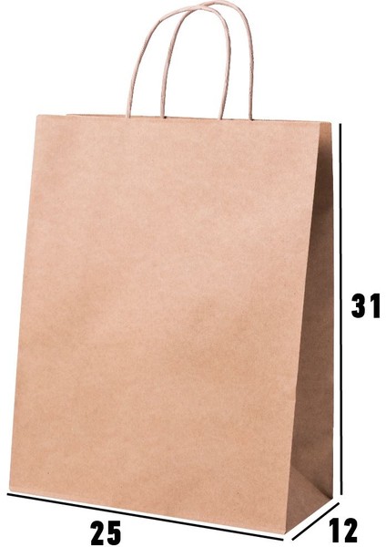 Burgu Saplı Baskısız Kraft Çanta - Kraft Poşet 25 cm x 12 cm x 31 cm 70 Gr. 10 Adet