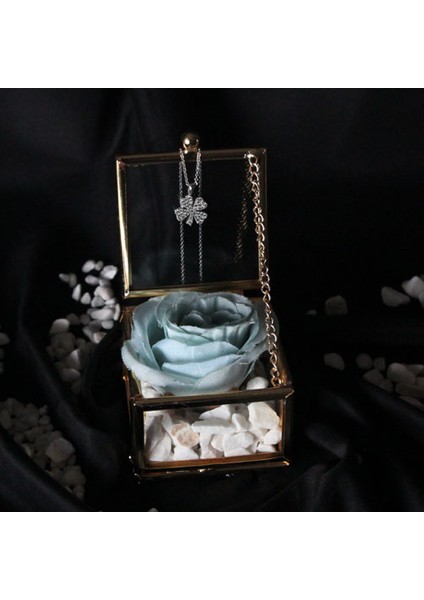 Dekoratif Kutu Kapaklı Camlı Metal Mavi Gül Yonca Kolye Hediye