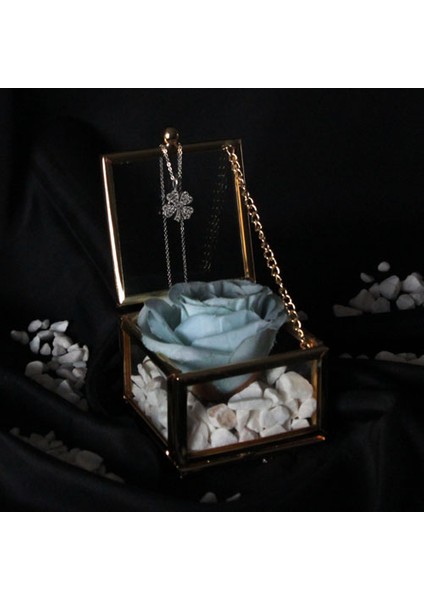 Dekoratif Kutu Kapaklı Camlı Metal Mavi Gül Yonca Kolye Hediye fiyatları