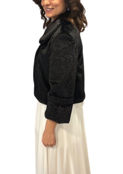 Newin Style Geniş Kollu ve Yakalı Gelin Etol Kürk Bolero Siyah