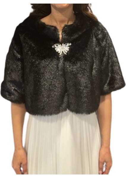 Newin Style Yarım Kollu Kristal Taş Broşa Sahip Gelin Etol Kürk Bolero Siyah fiyatları